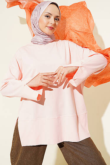 Yırtmaç Detaylı Basic Tunik Pudra - Tunik