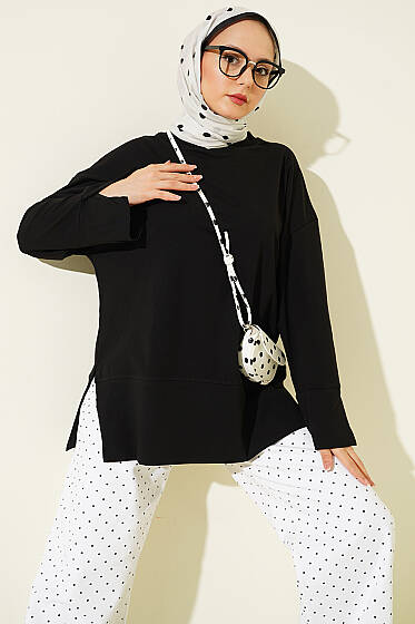 Yırtmaç Detaylı Basic Tunik Siyah - Tunik