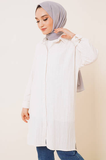Yırtmaç Detaylı Dokuma Gömlek Ekru - Gömlek