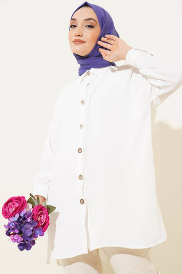 Yırtmaç Detaylı Düğmeli Ayrobin Tunik Ekru - Tunik
