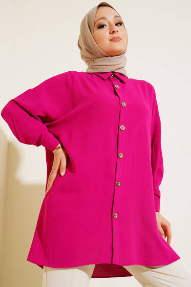Yırtmaç Detaylı Düğmeli Ayrobin Tunik Fusya - Tunik