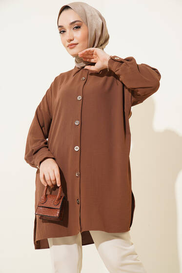 Yırtmaç Detaylı Düğmeli Ayrobin Tunik Kahve - Tunik