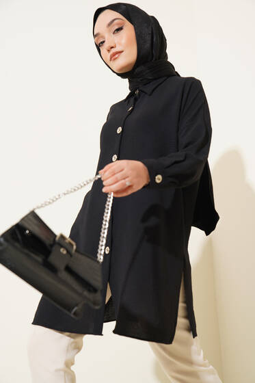 Yırtmaç Detaylı Düğmeli Ayrobin Tunik Siyah - Tunik