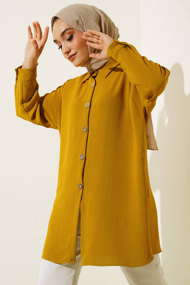 Yırtmaç Detaylı Düğmeli Ayrobin Tunik Yağ Yeşili - Tunik