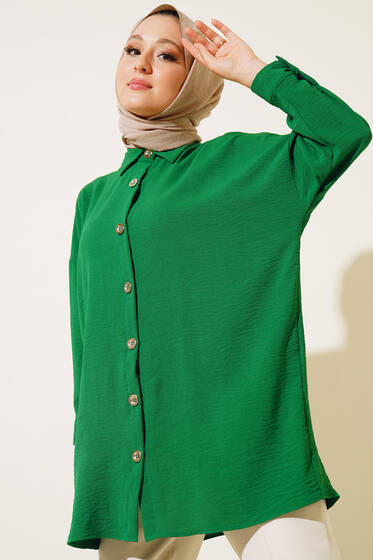 Yırtmaç Detaylı Düğmeli Ayrobin Tunik Yeşil - Tunik