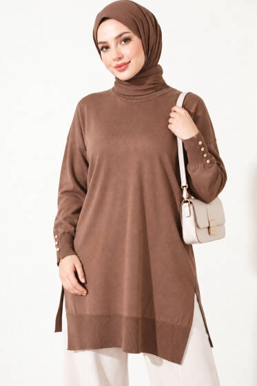 Yırtmaç Detaylı Düğmeli Merserize Tunik Latte - Tunik