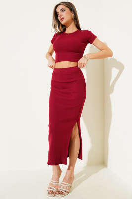 Yırtmaç Detaylı Kaşkorse Crop Etek Takım Bordo - İKİLİ TAKIM