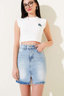 Yırtmaç Detaylı Mini Kot Etek Kot Mavisi - BIGDART