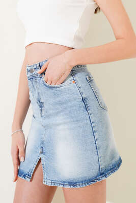 Yırtmaç Detaylı Mini Kot Etek Kot Mavisi - Kadın Giyim Modelleri