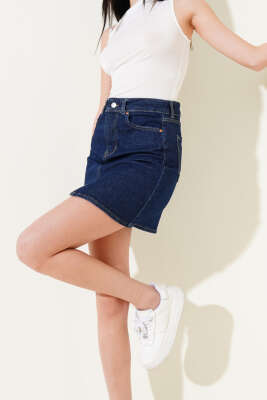 Yırtmaç Detaylı Mini Kot Etek Lacivert - Kadın Giyim Modelleri