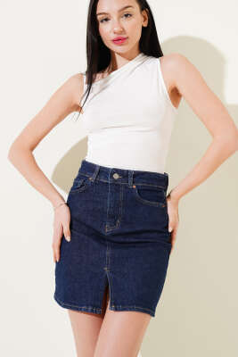 Yırtmaç Detaylı Mini Kot Etek Lacivert - BIGDART