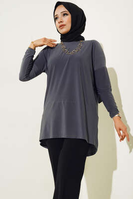 Yırtmaç Detaylı Saten Tunik Füme 