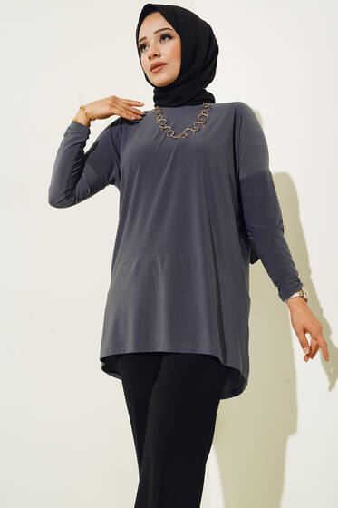 Yırtmaç Detaylı Saten Tunik Füme - Tunik