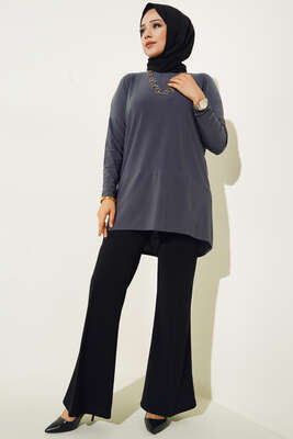 Yırtmaç Detaylı Saten Tunik Füme - Tunik