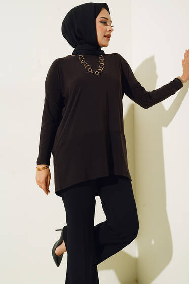 Yırtmaç Detaylı Saten Tunik Kahve - Tunik