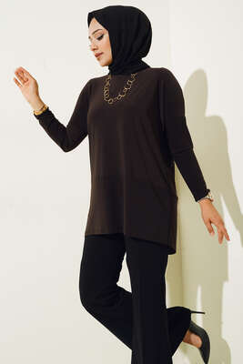 Yırtmaç Detaylı Saten Tunik Kahve - Tunik