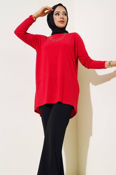 Yırtmaç Detaylı Saten Tunik Kırmızı - Tunik