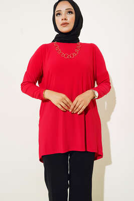 Yırtmaç Detaylı Saten Tunik Kırmızı - Tunik