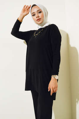 Yırtmaç Detaylı Saten Tunik Siyah - Tunik