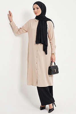 Yırtmaç Detaylı Tensel Uzun Tunik Bej - BERAT TEKSTİL