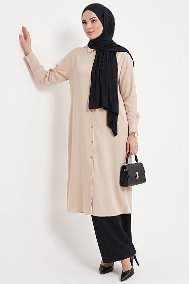 Yırtmaç Detaylı Tensel Uzun Tunik Bej - Tunik