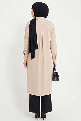 Yırtmaç Detaylı Tensel Uzun Tunik Bej - Tunik