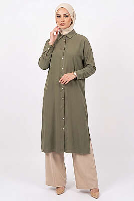 Yırtmaç Detaylı Tensel Uzun Tunik Haki - BERAT TEKSTİL
