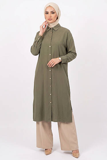 Yırtmaç Detaylı Tensel Uzun Tunik Haki - Tunik