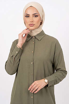 Yırtmaç Detaylı Tensel Uzun Tunik Haki - Tunik