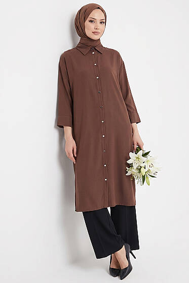 Yırtmaç Detaylı Uzun Tunik Kahve - Tunik