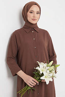 Yırtmaç Detaylı Uzun Tunik Kahve - Tunik