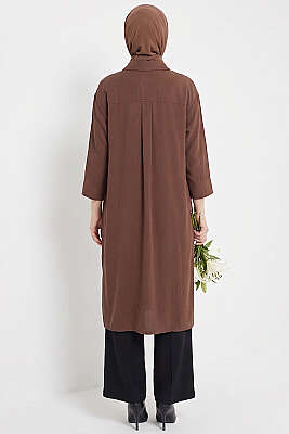 Yırtmaç Detaylı Uzun Tunik Kahve - Tunik