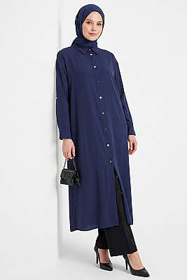 Yırtmaç Detaylı Uzun Tunik Lacivert - BERAT TEKSTİL