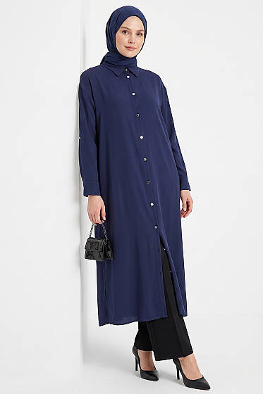 Yırtmaç Detaylı Uzun Tunik Lacivert - Tunik