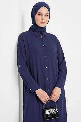 Yırtmaç Detaylı Uzun Tunik Lacivert - Tunik