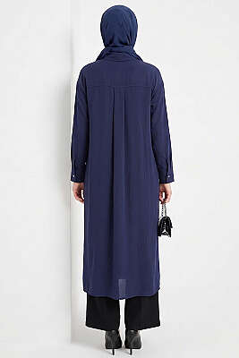 Yırtmaç Detaylı Uzun Tunik Lacivert - Tunik