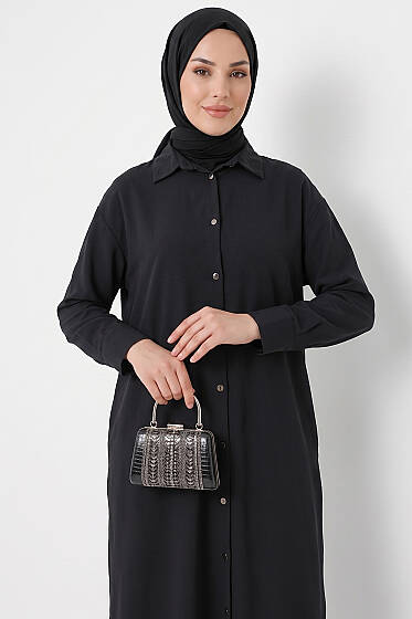 Yırtmaç Detaylı Uzun Tunik Siyah - Tunik