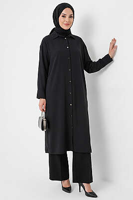 Yırtmaç Detaylı Uzun Tunik Siyah - Tunik