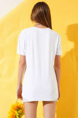 Yırtmaç Detaylı Viskon T-shirt Beyaz - Kadın Giyim Modelleri