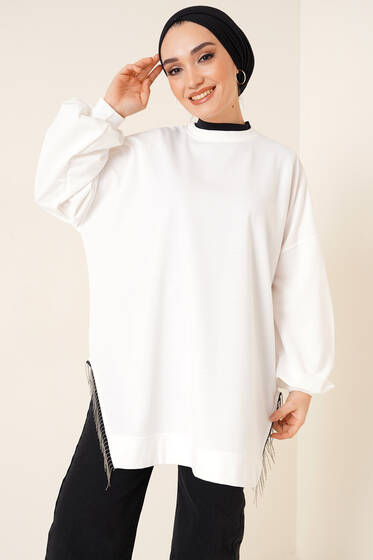 Yırtmacı Zincir Püsküllü Tunik Beyaz - Tunik