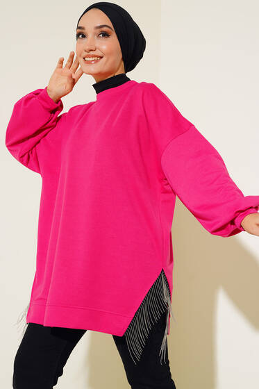 Yırtmacı Zincir Püsküllü Tunik Fuşya - Tunik