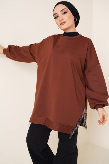 Yırtmacı Zincir Püsküllü Tunik Kahve - Tunik