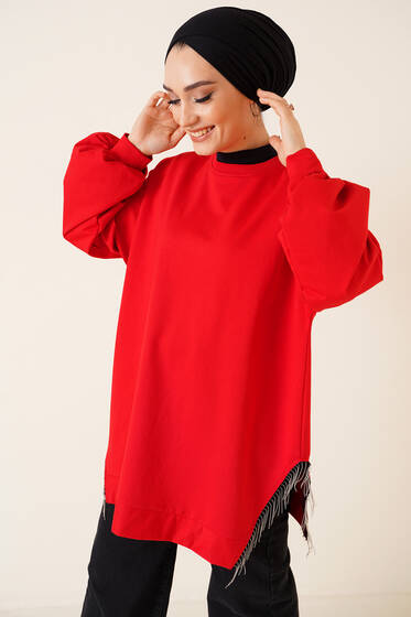 Yırtmacı Zincir Püsküllü Tunik Kırmızı - Tunik