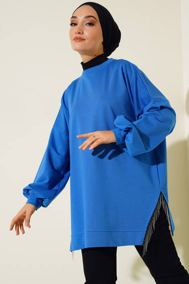 Yırtmacı Zincir Püsküllü Tunik Saks - Tunik