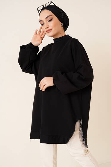 Yırtmacı Zincir Püsküllü Tunik Siyah - Tunik