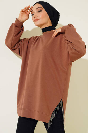 Yırtmacı Zincir Püsküllü Tunik Taba - Tunik