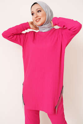 Yırtmaçları Zincir Püsküllü Bürümcük İkili Takım Fuşya - İKİLİ TAKIM