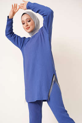 Yırtmaçları Zincir Püsküllü Bürümcük İkili Takım İndigo - İKİLİ TAKIM