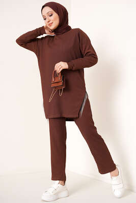 Yırtmaçları Zincir Püsküllü Bürümcük İkili Takım Kahve 