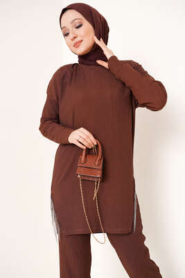 Yırtmaçları Zincir Püsküllü Bürümcük İkili Takım Kahve - İKİLİ TAKIM